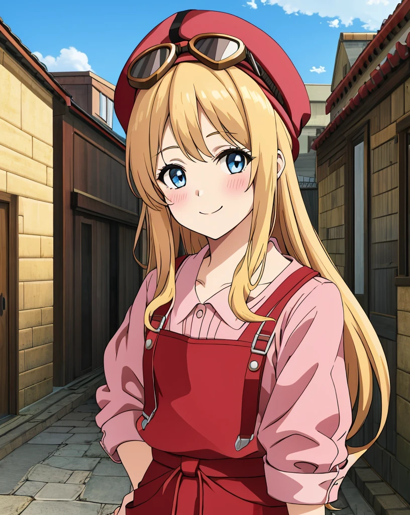 best quality, (masterpiece:1.2), illustration, absurdres,
(1girl), (solo), (beautiful detailed girl), (upper body, portrait), 
Tita Russell, blue eyes, blonde hair, long hair, small breasts, flat chest, ,
red hat, headwear, goggles on headwear, pink shirt, red apron, pink shorts, black pantyhose, red shoes,
smile, blush, looking at viewer,
inside middle eastern town, middle east, bazaar, cobblestone street,  sky, sun, day,