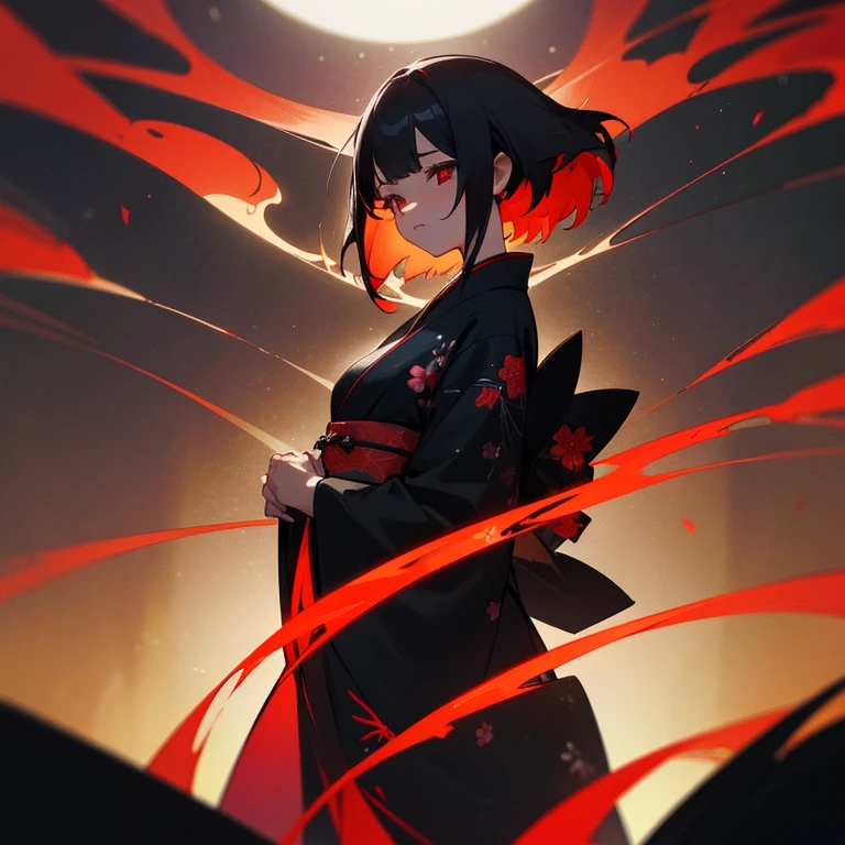 A beautiful woman wearing a floral pattern that blooms in the dark night、Standing in a sinful night filled with a dark world。She is dressed in a black and red kimono、colorful black and red hair、Emitting a fantastic light。psychedelic art、Highest image quality、In the middle of the night、deep black world、