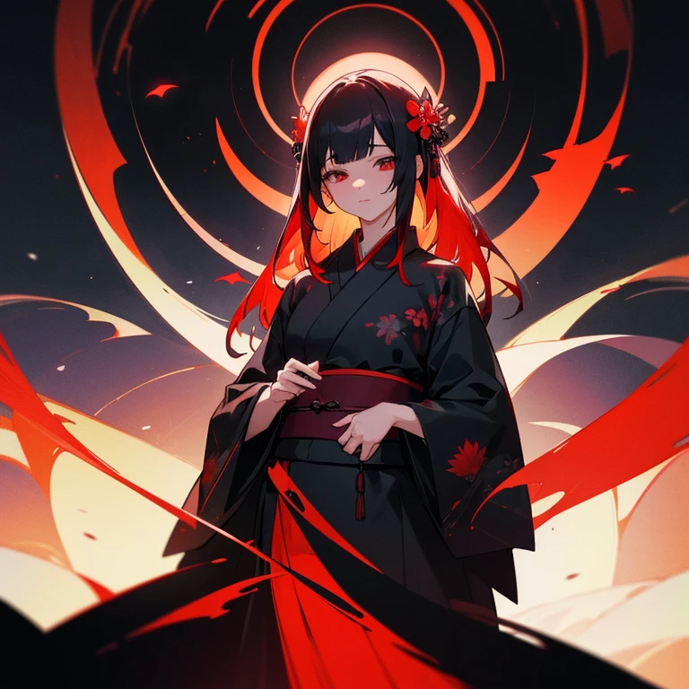 A beautiful woman wearing a floral pattern that blooms in the dark night、Standing in a sinful night filled with a dark world。She is dressed in a black and red kimono、colorful black and red hair、Emitting a fantastic light。psychedelic art、Highest image quality、In the middle of the night、deep black world、