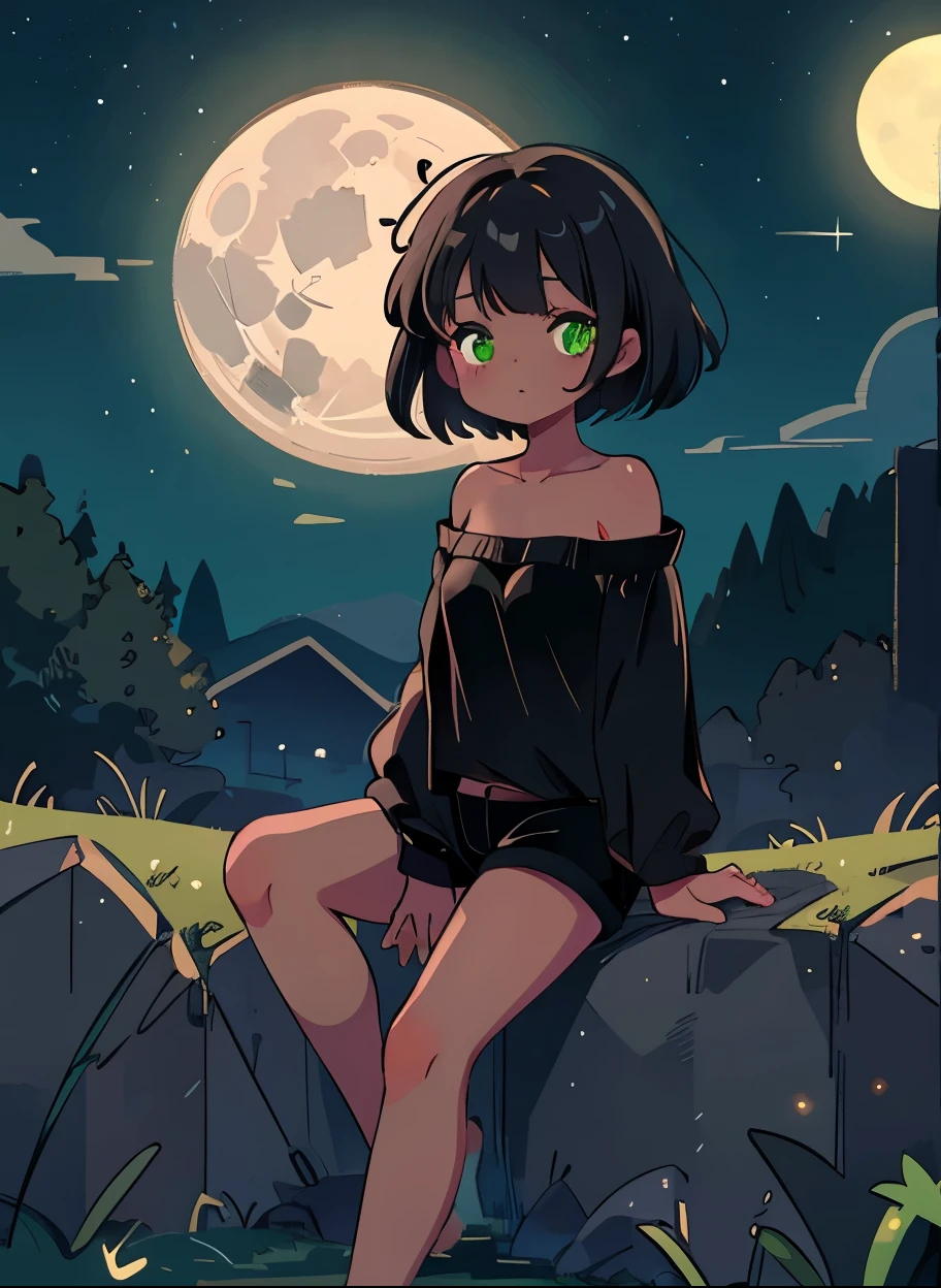 solo, Cute, , (()), Small breasts, big thighs, bare shoulder, ((Black skin)), Black skin, green eyes, black hair, short hair, Cold weather blouse, green cold weather , bare legs, glowing eyes, 4k, starry sky, night, Moon, Incredible eyes, Sitting, Black shorts, short shorts,