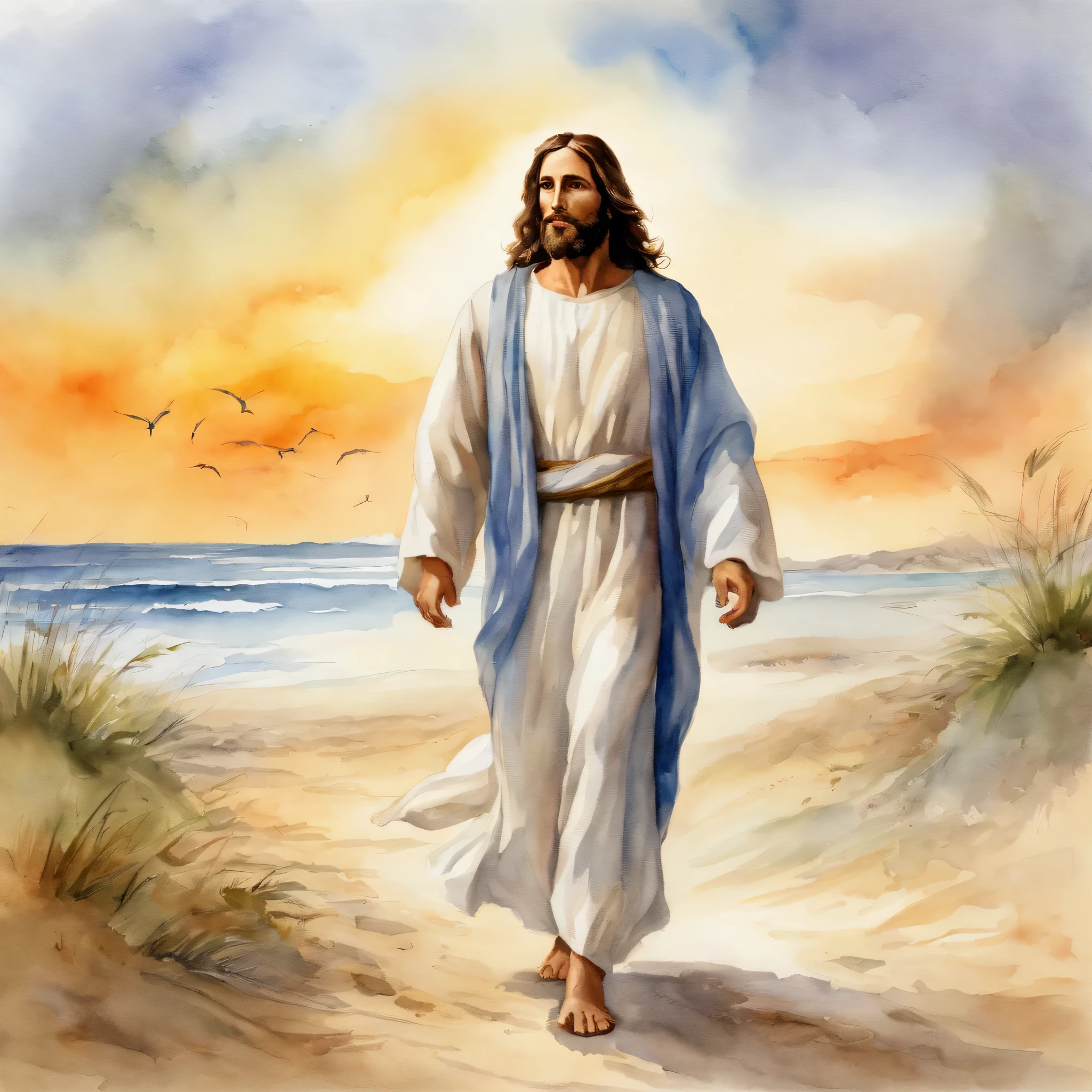 3 panel image of jesus walking on the beach