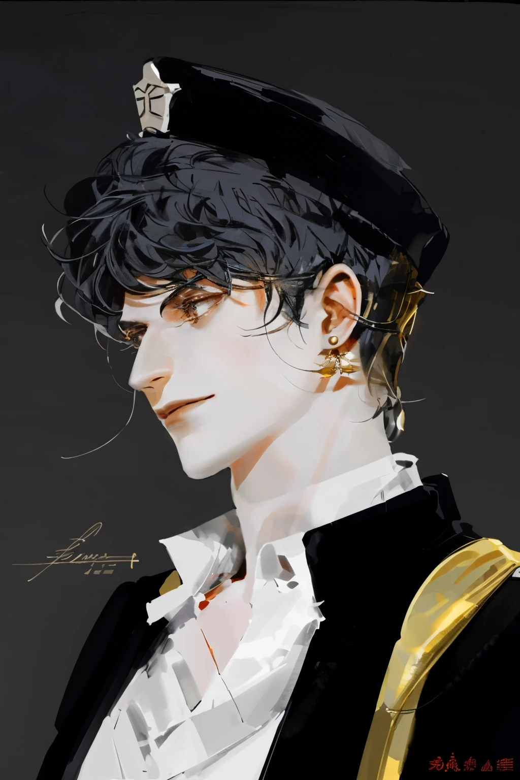 solo, black hair, 1boy, hat, jewelry, school uniform, upper body, male focus, earrings, artist name, profile, chain, gakuran, stud earrings