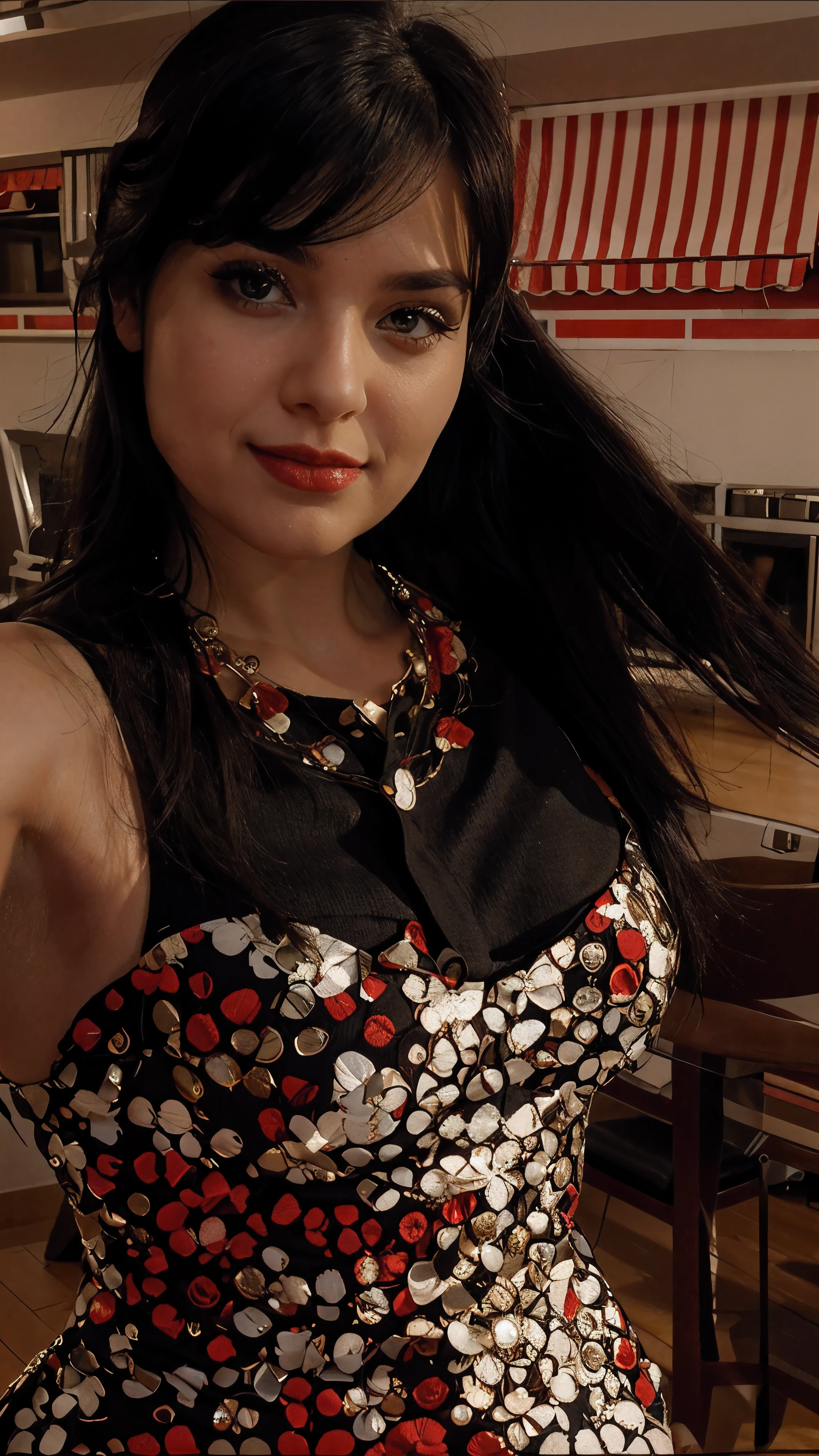 Black hair, red dress, And red lips