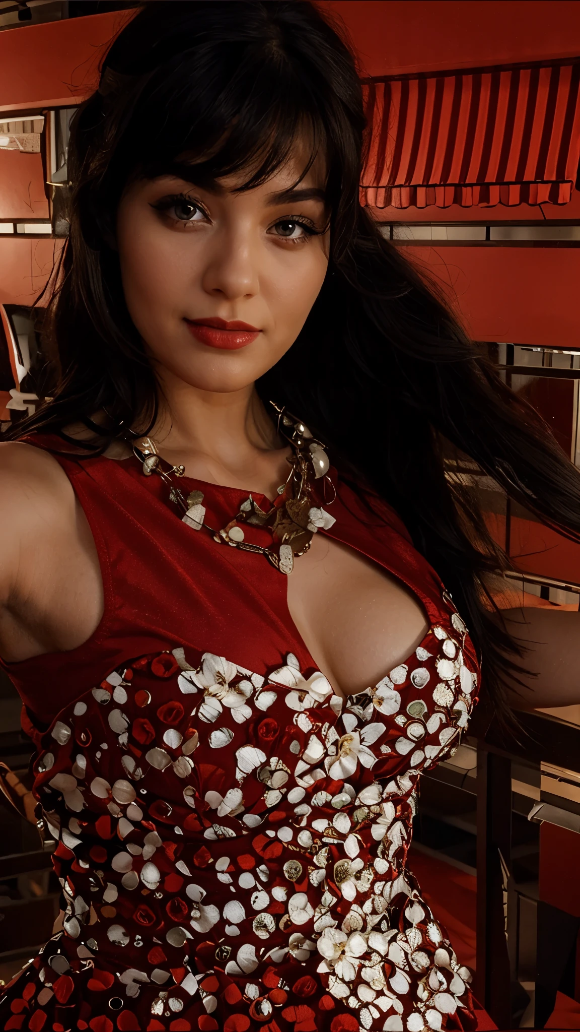 Professional, High level of detail, Full body photo (attractive mature 60yo woman:1.3), long black hair, tied up, gray eyes, (neon red-colored tight opened shirt)1.4, (red kimono flower motif, long white latex skirt)1.455,natural lighting, (seductive:1.1), (blushing:1.1 ), (classy, elegant, dandy)1.2, (round natural breasts)1.2 (pokies)1.3, (toned body, hourglass body shape) (wipe hips), (full body with visible face and eyes)1.5, glasses, earnings, at night bar, sit, crossed leg, tattoo on body, hand at back, holding bottle