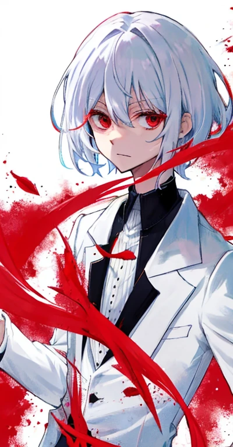 (masterpiece, best quality), solo, male focus, 1male, white collared shirt, (blood_on_clothes), white hair, red eyes, full of anger and madness, desperate, a great intention to kill, battlefield against demons, TOTAL DESTRUCTION PLACE,