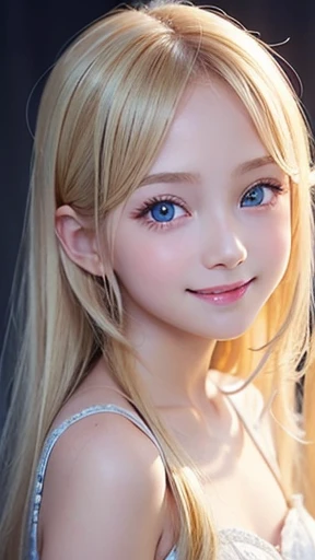 shiny skin、 Very cute and beautiful face、Very shiny and beautiful skin、very beautiful and cute pale blue eyes、beautiful very long shiny silky blonde hair、（10 years old）、one small very beautiful cute girl、Beautiful cute bright look、Clear double eyelids、((Very happy smile))、Cute clothes with beautiful details