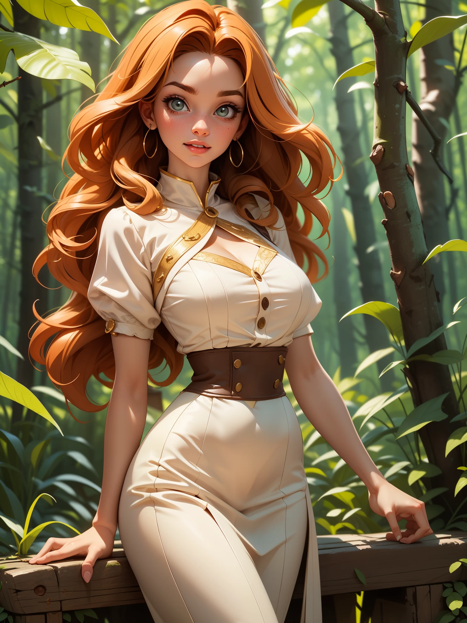 1 woman, beautiful Irish woman, 23 years old, solo focus, long wavy red hair, hazel eyes, pretty smile, medium breasts, slender body, peasant maiden costume, choosing groceries, masterpiece, ultra HD, raw photos, detailed skin textures, detailed face, detailed hair, perfect hands, dynamic angle, blurred background, forest edge, looking away