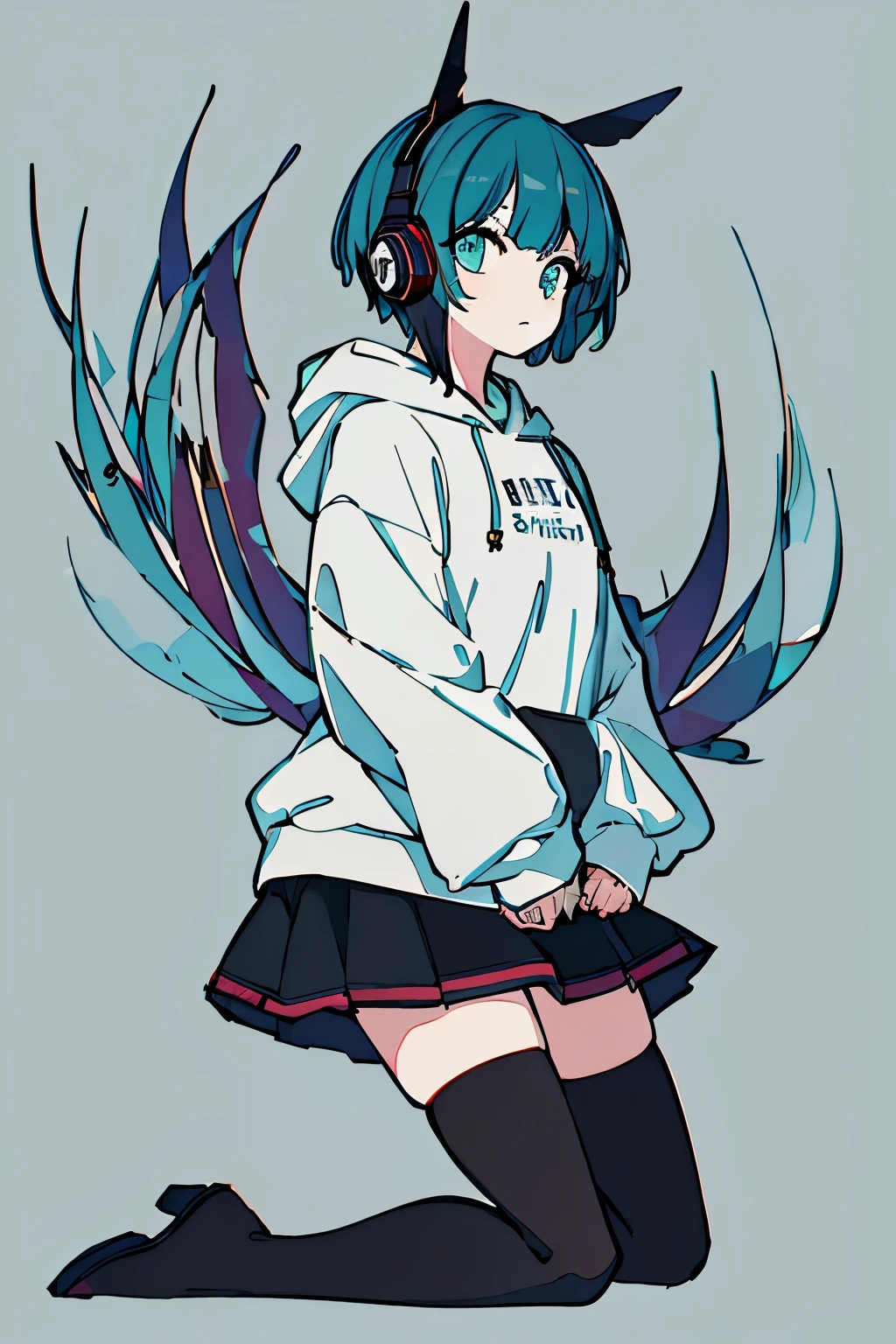 masterpiece, intricate details,highest quality, chromatic aberration, 1 girl, alone, skirt, short hair, Thighhighs, thigh boots, shirt, hoodie, boots, black skirt, kneel down, hoodie, headset, aqua eye, skirt, aqua hair, whole body, かわいい hoodie, simple background,  very long hair, white background, tattoo, black shoes, black Thighhighs,blue hair