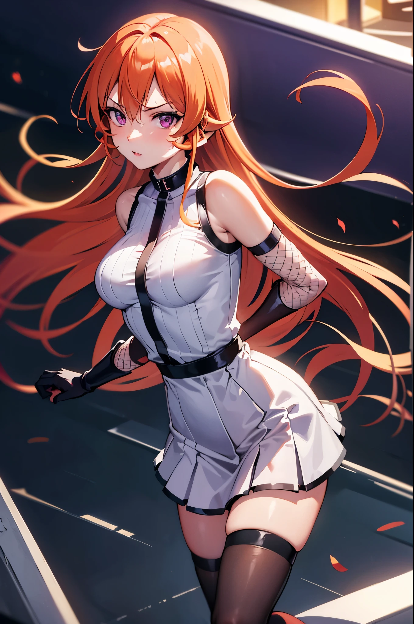 (masterpiece), best quality, expressive eyes, perfect face, highres, 1 girl, solo, erina nakiri, long hair, orange hair, (purple eyes:1.1), hair between eyes, skirt, black blouse,  detached sleeves, mesh sleeves, black skirt, cleaveage,  mesh, thighhighs,  mesh fingerless, gloves, black gloves, outdoor backdground, standing, portrait, looking at the viewer