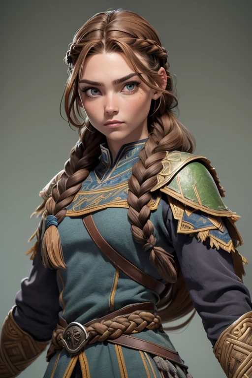 (Obra maestra, La mejor calidad) (young warrior woman of nordic descent), (ojos verdes), (Muscular), (falda de piel), (brown hair color),(loose hair with small braids on the scalp), (top con correa de cuero) plumas, capa sobre el hombro, bufas, (azul, gray and brown suit).