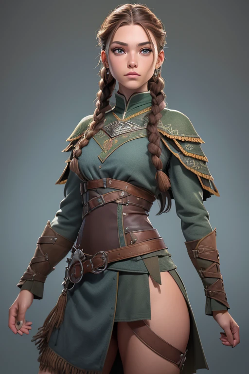 (Obra maestra, La mejor calidad) (young warrior woman of nordic descent), (ojos verdes), (Muscular), (falda de piel), (brown hair color),(loose hair with small braids on the scalp), (top con correa de cuero) plumas, capa sobre el hombro, bufas, (azul, gray and brown suit).