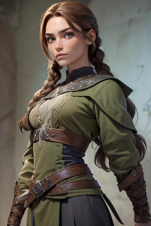 (Obra maestra, La mejor calidad) (young warrior woman of nordic descent), (ojos verdes), (Muscular), (falda de piel), (brown hair color),(loose hair with small braids on the scalp), (top con correa de cuero) plumas, capa sobre el hombro, bufas, (azul, gray and brown suit).