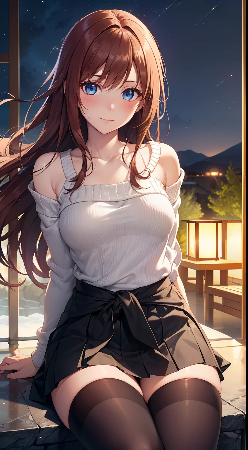((masterpiece, best quality, high resolution, ultra high definition, Pixel perfect, depth of field, 4K, RTX, human development report))), 1girl in, single, alone, Beauty、see whole body、 ((Long hair to waist, Short Liuhai, reddish brown hair)), ((blue eyes, beautiful eyelashes, realistic eyes)), ((Detailed face, blush:1.2)), ((smooth texture:0.75, lifelike质感:0.65, lifelike:1.1, Anime CG style)), medium breasts, Perfect body, (( collarless sweater, bare shoulders, short skirt ,Black tights)), Smile, side sitting position, (The wind is strong and blows my hair，Expose left shoulder、Black tights) , Night view hot spring,Snowy nights