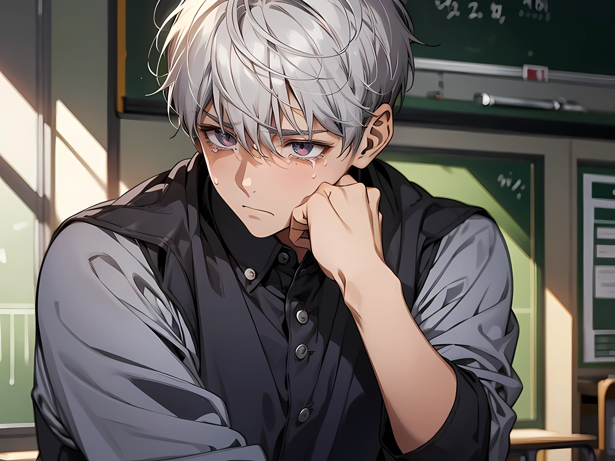 1 boy, school student with sports uniform, standing pose, silver hair, short hair, sweating, weak body, sad facial expression, crying, face to detail, detailed eyes, hands in pocket the background classroom, full-body illustration