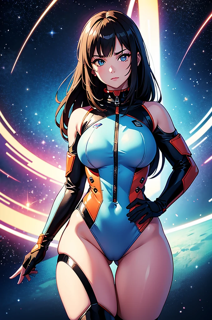 (best quality,4k,8k,highres,masterpiece:1.2),ultra-detailed,anime girl fantasy,sci-fi,space suit,big,front view,solo photo,thick hair,thick thighs,standing,thick legs,colorful,powerful lighting,deeper shadows,sharp focus,detailed facial features,sparkling eyes,stylish outfit,vibrant colors,background with celestial elements.