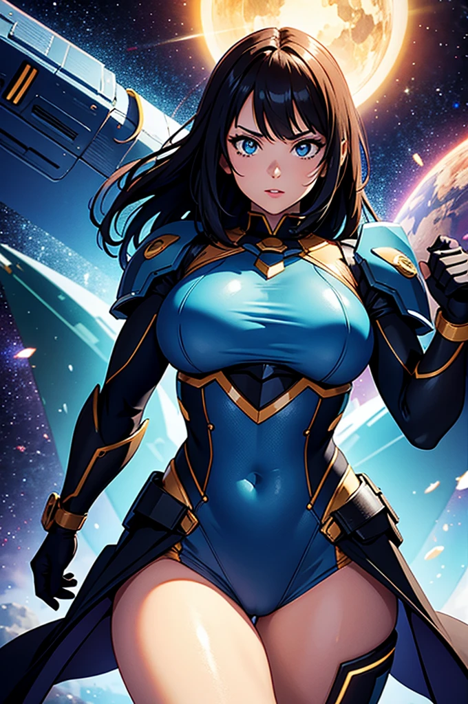 (best quality,4k,8k,highres,masterpiece:1.2),ultra-detailed,anime girl fantasy,sci-fi,space suit,big,front view,solo photo,thick hair,thick thighs,standing,thick legs,colorful,powerful lighting,deeper shadows,sharp focus,detailed facial features,sparkling eyes,stylish outfit,vibrant colors,background with celestial elements.