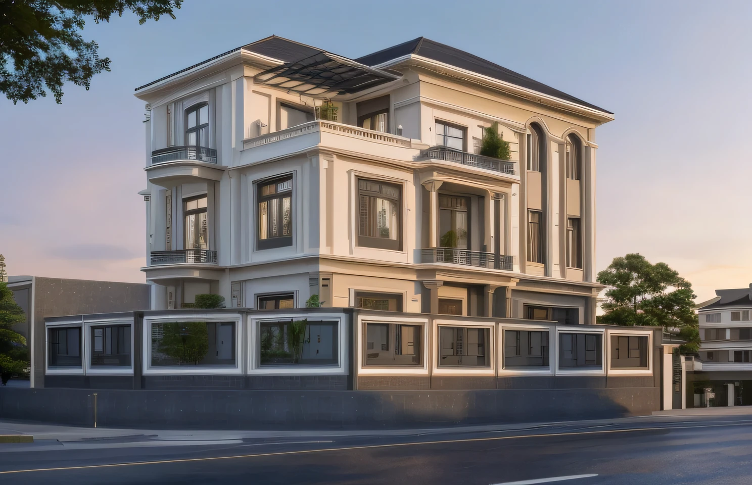 a rendering of a three story building with a balcony and balconies, front view, front elevation view, residential design, front perspective, perspective view, front-view, 3d rendering, 3 d rendering, front elevation, front view dramatic, exterior design, architectural render, front view, architectural concept, with 3 d render, (indochine:1.2), sky, cloud, morning weather, a road in front of house, (realistic:1.3), railing in front of house, (tree:1.2)