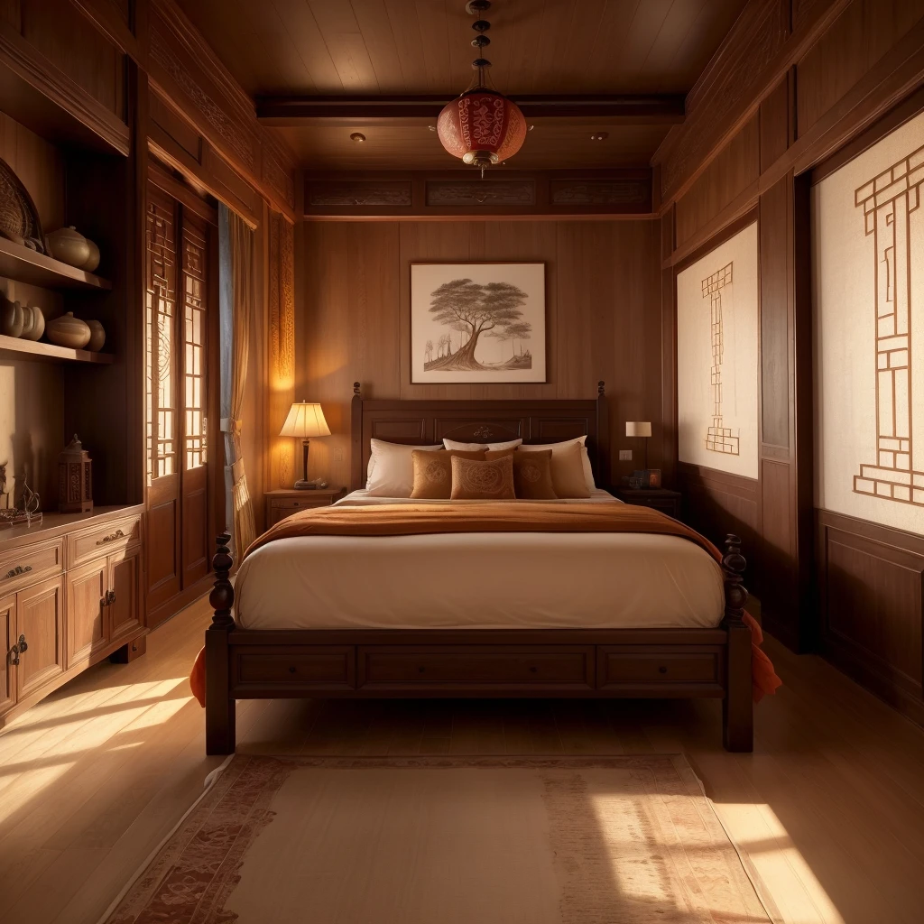 A traditional Chinese bedroom with antique wooden furniture, delicate carvings, and soft lighting, featuring ancient-style doors and elegant window coverings, ornate zither quietly placed in the corner, ink paintings hanging on the wall, exquisite jade carvings by the window, fragrant aroma diffusing throughout the room, displaying elegant calligraphy and antique artifacts, exuding a rich cultural atmosphere. (best quality,4k,8k,highres,masterpiece:1.2),ultra-detailed,(realistic,photorealistic,photo-realistic:1.37),traditional Chinese landscape,antique artistry,subtle and warm color palette,soft and natural lighting.