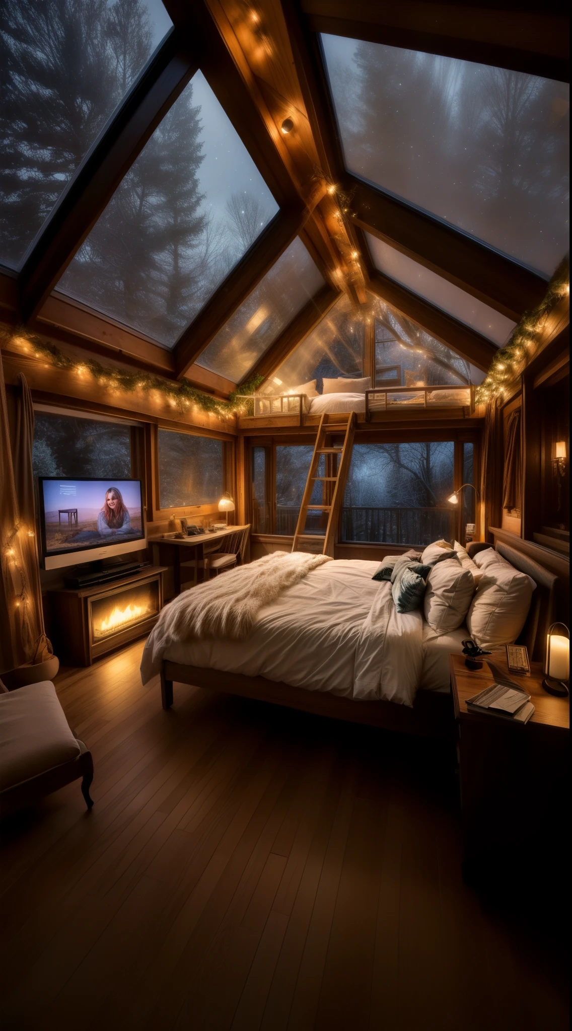 arafed bedroom with a bed and a ladder and a television, cozy room, cozy treehouse bedroom, cozy lights, cozy place, very magical and dreamy, cosy atmoshpere, cozy environment, cozy lighting, cosy vibes, cozy and calm, cozy and peaceful atmosphere, cozy aesthetic, cozy bed, designed for cozy aesthetics!, cozy atmospheric, cozy setting, cozy atmosphere