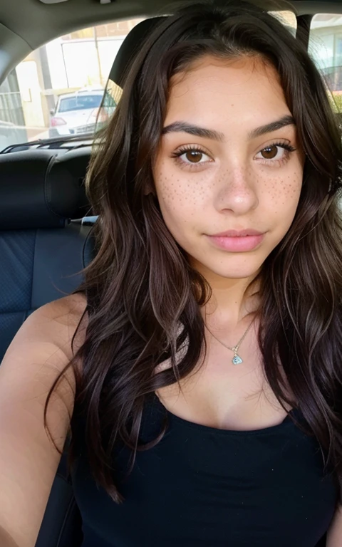 1 mexican girl, Long Wavy Hair, dark brown eyes, teen, selfie, being silly, freckles, car selfie