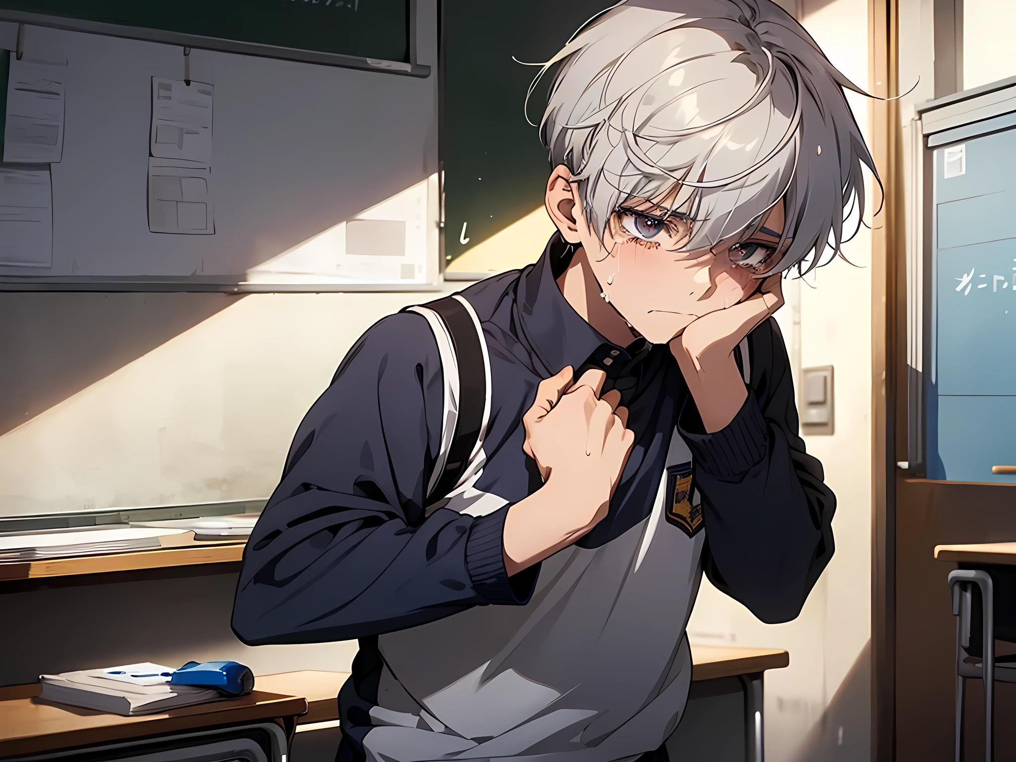 ****ung boy, school student with sports uniform, standing pose, silver hair, short hair, sweating, weak body, sad facial expression, crying, face to detail, detailed eyes, hands in pocket the background classroom, full-body illustration