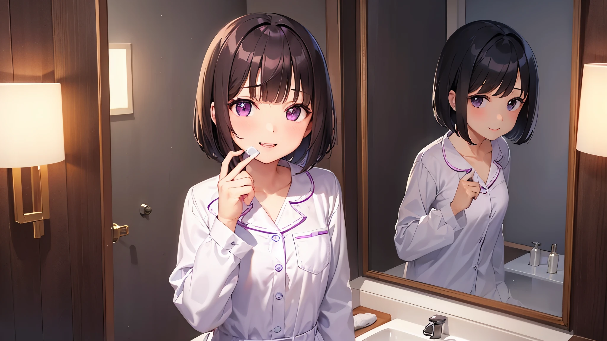 1girl very cute girl、dark brown hair、bob cut、short hair、Violet eyes、smile、Crystal clear white skin、pajamas、tooth brushing、Washstand。mirror、