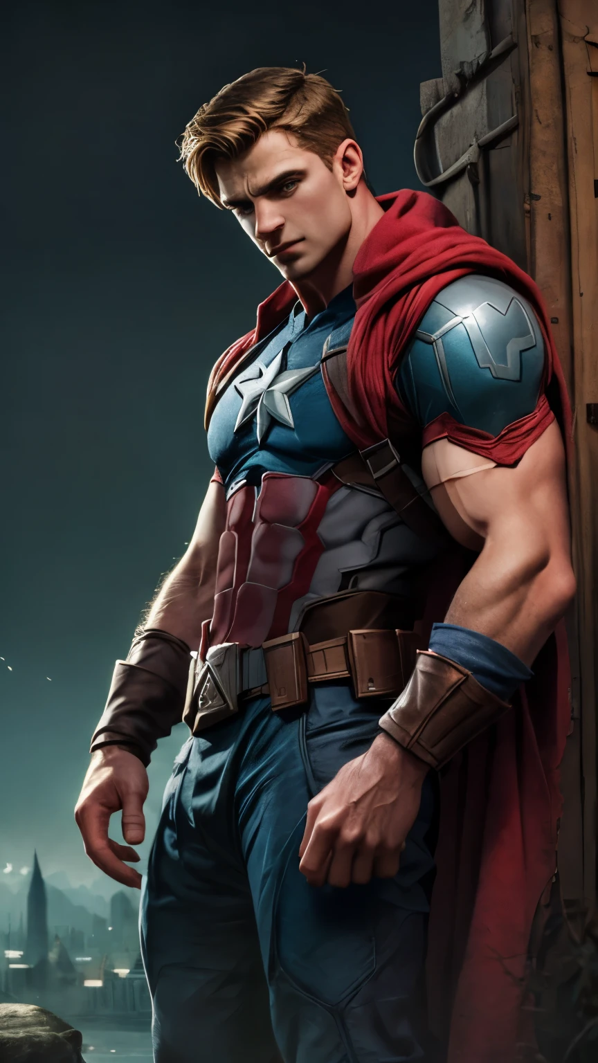 Captain America stands posing, details modern clothing, HDR, UHD, 64K, highly detailed, professional photography , sketch style, ink scratches, sharp lines, trending on artstation, realistic engine, vivid colors , high resolution scanning, The camera details everything, Moonlight highlights your muscles and scars. The scenery is lush and mysterious, with a dark city and surroundings. The camera details everything.