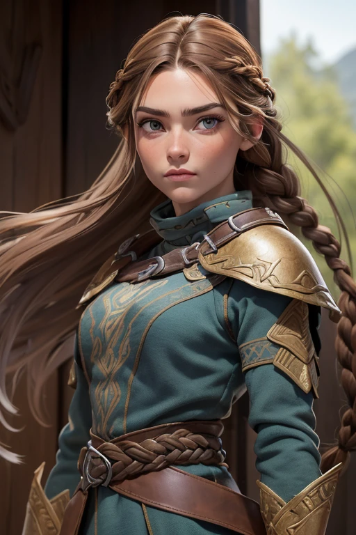 (Obra maestra, La mejor calidad) (young warrior woman of nordic descent), (ojos verdes), (Muscular), (falda de piel), (brown hair color),(loose hair with small braids on the scalp), (top con correa de cuero) plumas, capa sobre el hombro, bufas, (azul, gray and brown suit).
