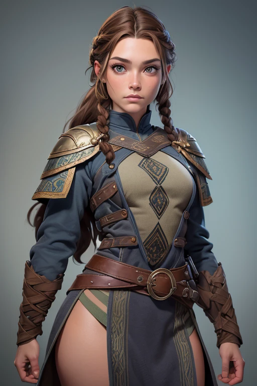 (Obra maestra, La mejor calidad) (young warrior woman of nordic descent), (ojos verdes), (Muscular), (falda de piel), (brown hair color),(loose hair with small braids on the scalp), (top con correa de cuero) plumas, capa sobre el hombro, bufas, (azul, gray and brown suit).