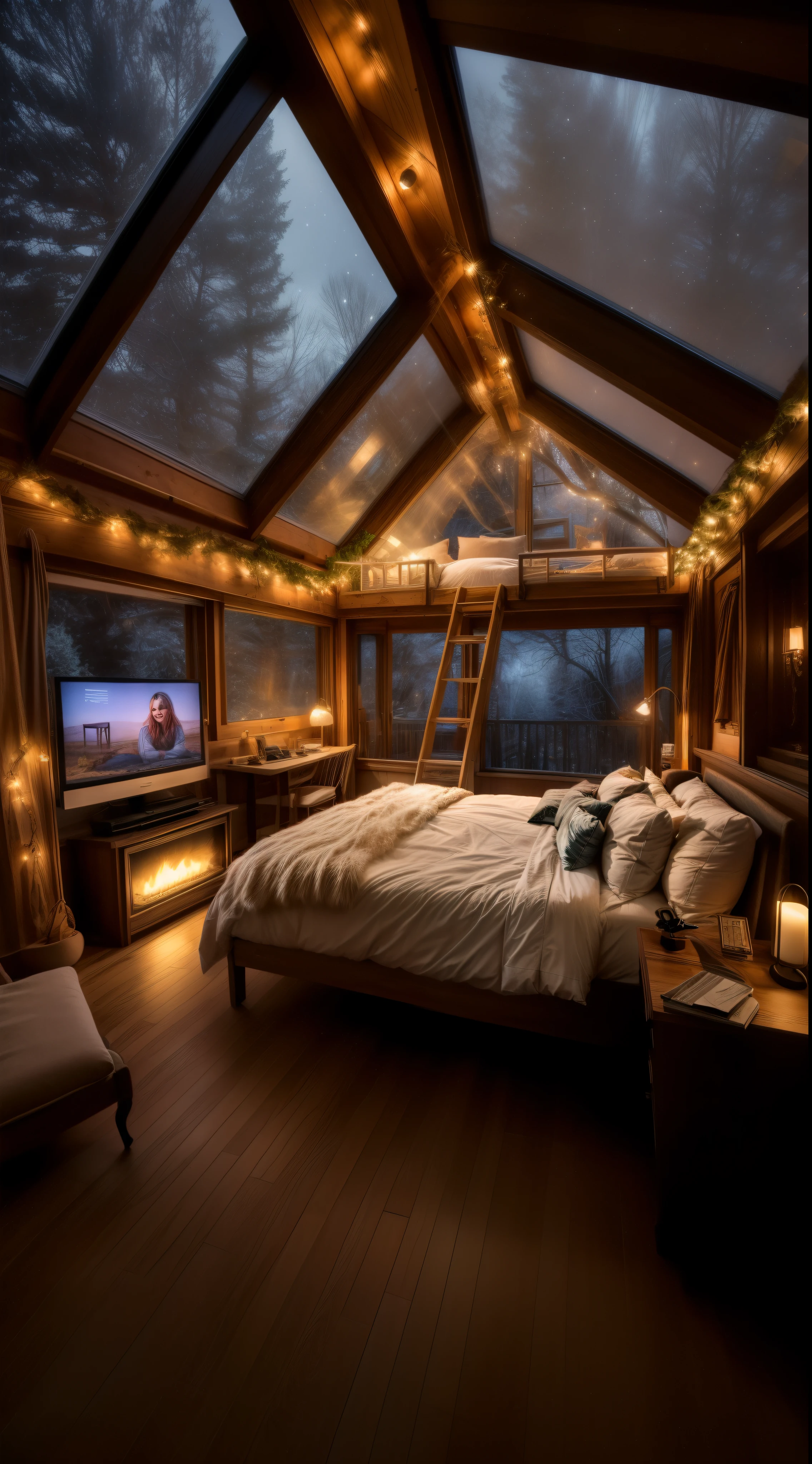 arafed bedroom with a bed and a ladder and a television, cozy room, cozy treehouse bedroom, cozy lights, cozy place, very magical and dreamy, cosy atmoshpere, cozy environment, cozy lighting, cosy vibes, cozy and calm, cozy and peaceful atmosphere, cozy aesthetic, cozy bed, designed for cozy aesthetics!, cozy atmospheric, cozy setting, cozy atmosphere