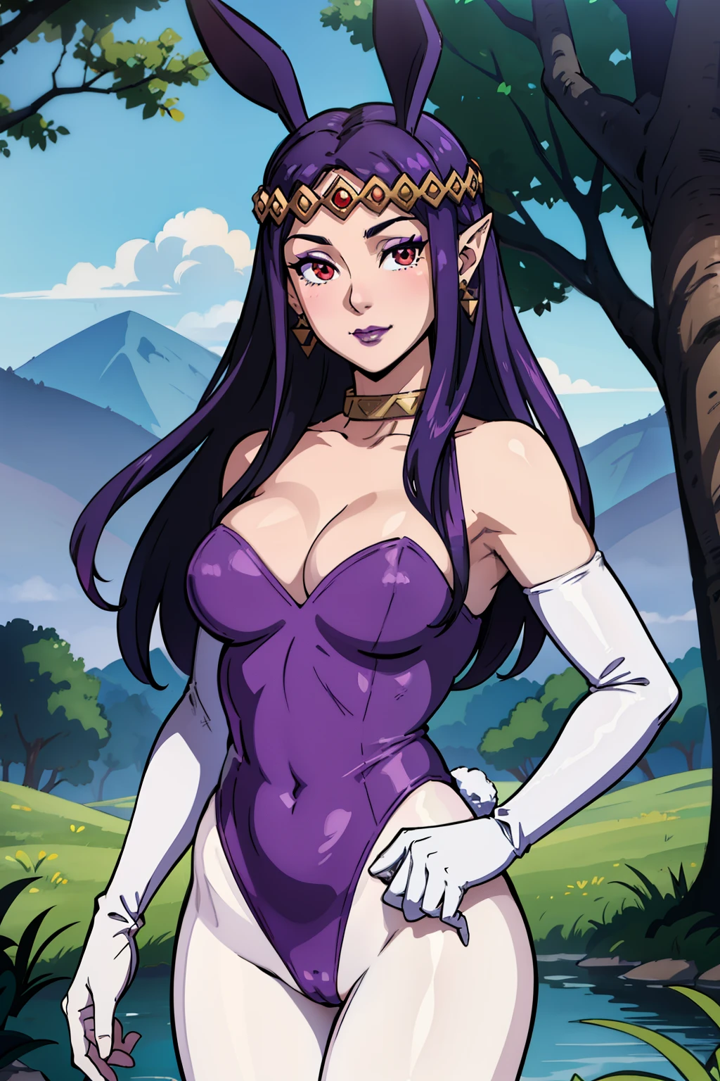 hilda ,purple hair ,purple lips, tiara, red eyes, 1girl, collar ,lipstick, red eyes, eye shadow, solo, perfect breasts, earrings glossy lips ,looking at viewer, blush, large breasts, nature, pond, trees, park, long white elbow satin gloves, holding, animal ears, cleavage, bare shoulders, jewelry, very l, gentle smile, pantyhose, earrings, fake rabbit ears, purple leotard, fake animal ears bunny, long white elbow gloves, white gloves, cowboy shot, 