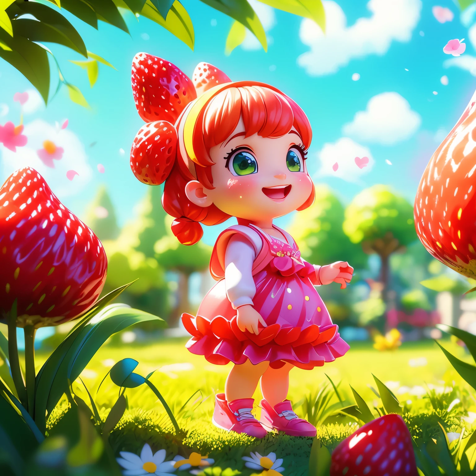 (photorealistic:1.37)、octane rendering、Morning park、Strawberry dress、Girl has twin tail hairstyle and smiles、Bright colors、soft sunlight、beautiful flower、green grass、playful atmosphere、peaceful environment、detailed texture、Bright colors、cute shoes with accessories、He looks happy