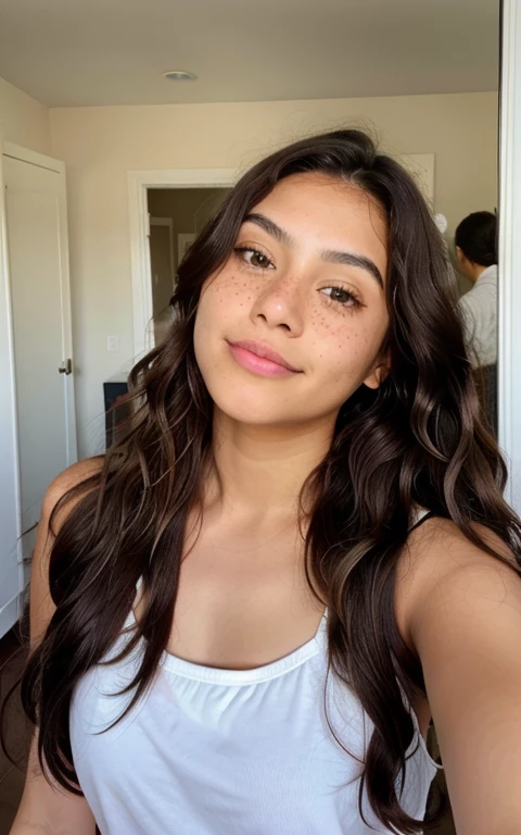 1 mexican girl, Long Wavy Hair, dark brown eyes, , selfie, being silly, freckles, mirror picture