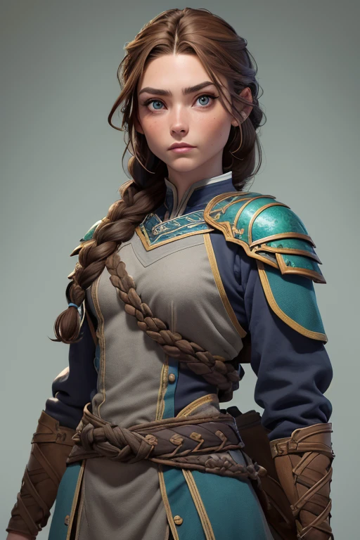 (Obra maestra, La mejor calidad) (young warrior woman of nordic descent), (ojos verdes), (Muscular), (falda de piel), (brown hair color),(loose hair with small braids on the scalp), (top con correa de cuero) plumas, capa sobre el hombro, bufas, (azul, gray and brown suit).