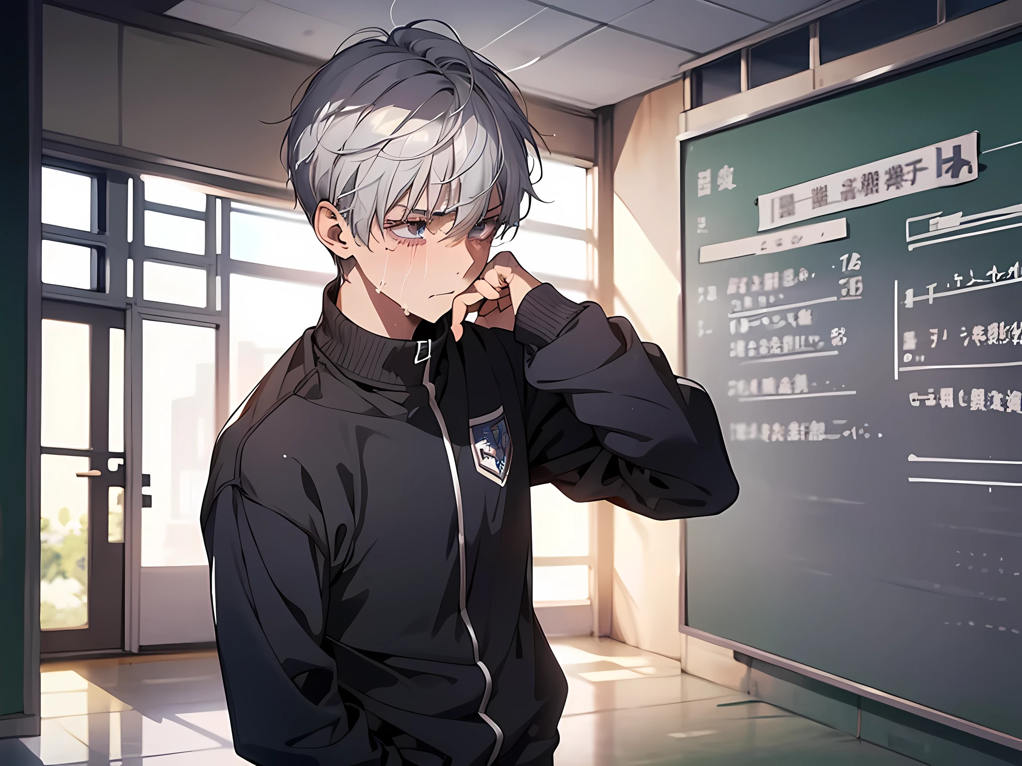 ****ung boy, school student with sports uniform, standing pose, silver hair, short hair, sweating, weak body, sad facial expression, crying, face to detail, detailed eyes, hands in pocket the background classroom, full-body illustration