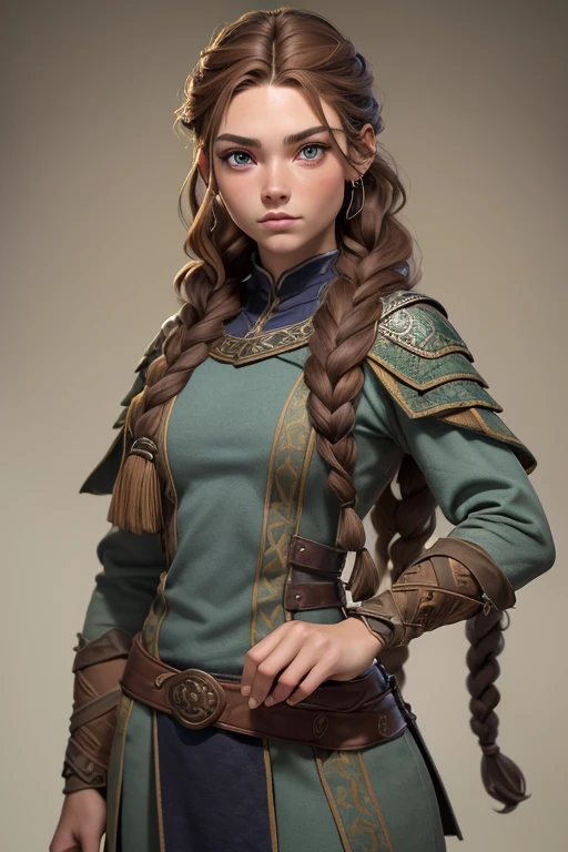 (Obra maestra, La mejor calidad) (young warrior woman of nordic descent), (ojos verdes), (Muscular), (falda de piel), (brown hair color),(loose hair with small braids on the scalp), (top con correa de cuero) plumas, capa sobre el hombro, bufas, (azul, gray and brown suit).