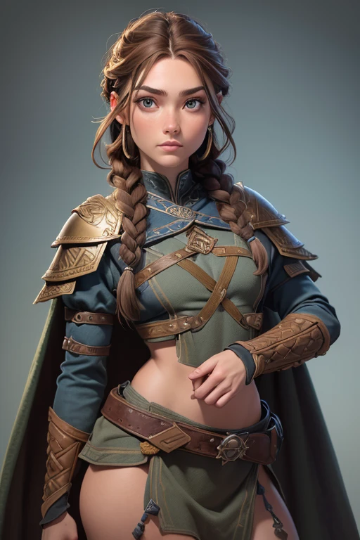 (Obra maestra, La mejor calidad) (young warrior woman of nordic descent), (ojos verdes), (Muscular), (falda de piel), (brown hair color),(loose hair with small braids on the scalp), (top con correa de cuero) plumas, capa sobre el hombro, bufas, (azul, gray and brown suit).