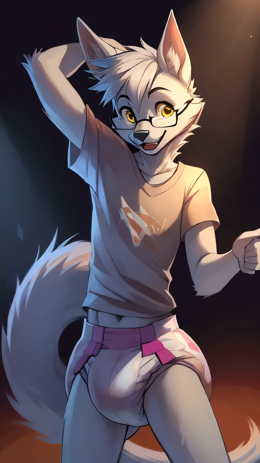 male, arctic wolf, detailed yellow eyes, thick big plain diaper with 4 tapes, slim, sly, glasses, big thick diaper, long tail, tshirt, big swollen crotch, happy, giggle, giggling, playing, fun, dancing