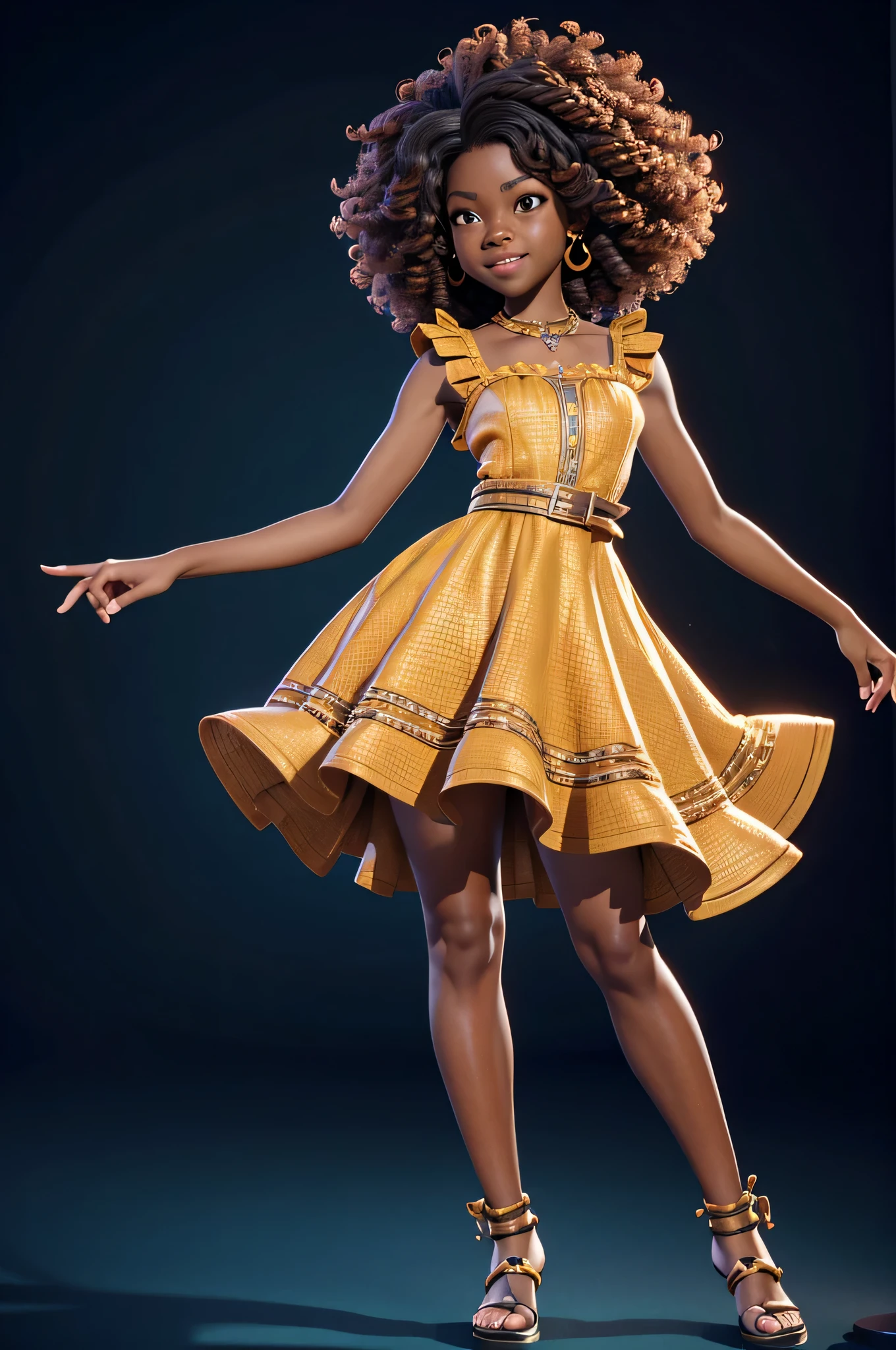 HD, dark skinned, young female,  8, humanoid, honey, afro hair, Jackie Parris, ((((Jackie Parris)))), full body cgsociety, 3 d character art, full character body, detailed full body concept, stylized character, , wide hips, wearing sundress