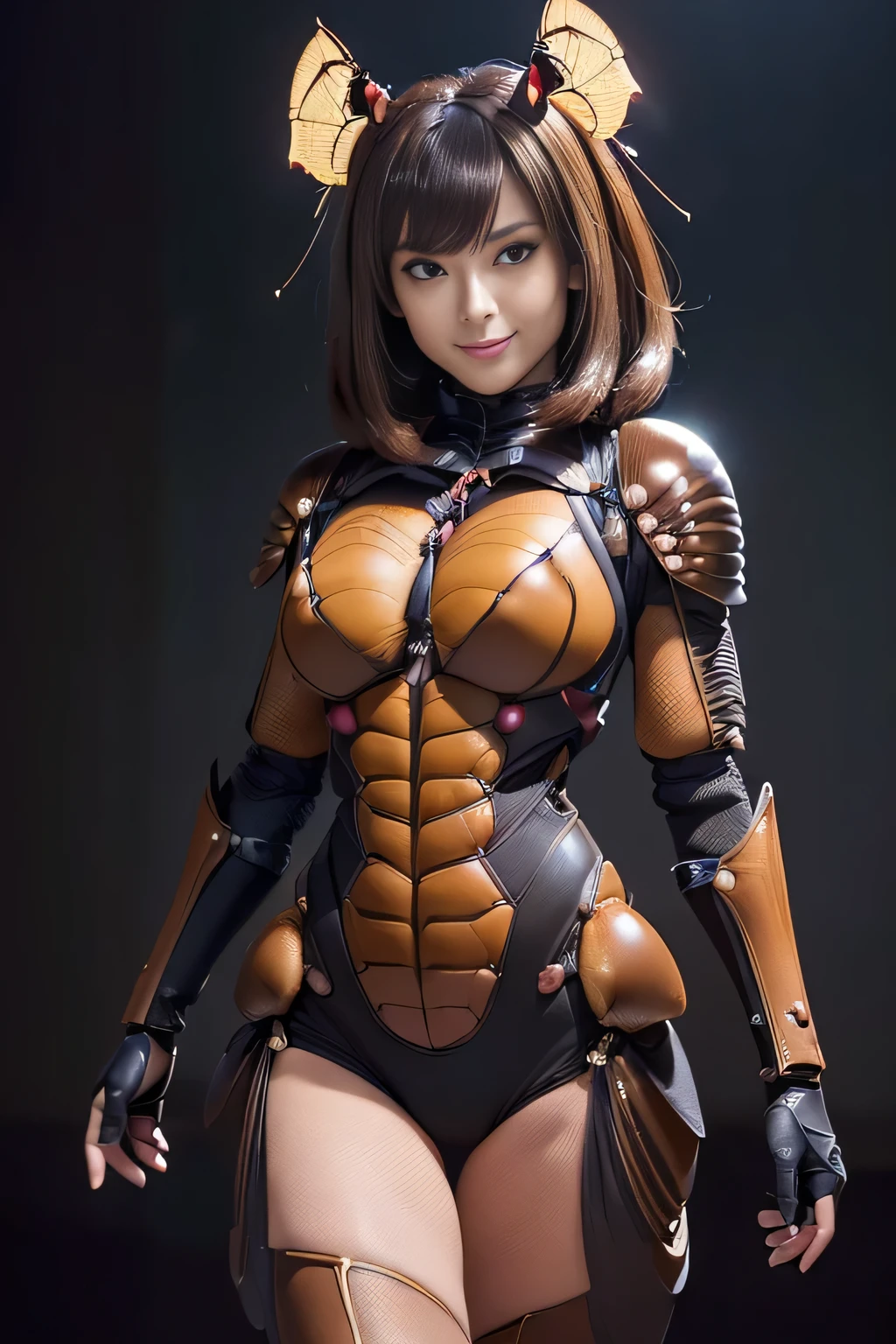 (High resolution,masterpiece,highest quality,Very detailed CG, anime, official art:1.4), realistic, photograph, amazing detail, all complicated, luster and luster,great many layers, 8k wallpaper, 3D, sketch, cute, figure,( alone:1.4), perfect female proportions,villain's daughter, (Fusion of dark brown cockroach and lady:1.4), (brown cockroach form lady:1.2), (brown cockroach woman:1.2), (Fusion:1.2), (alone:1.4), (evil smile:1.2), muscular, abs, (Cockroach brown exoskeleton bio insect suit:1.4), (Cockroach brown exoskeleton bio insect armor:1.2), (brown transparent cockroach feathers:1.4), (brown cockroach antenna:1.3),