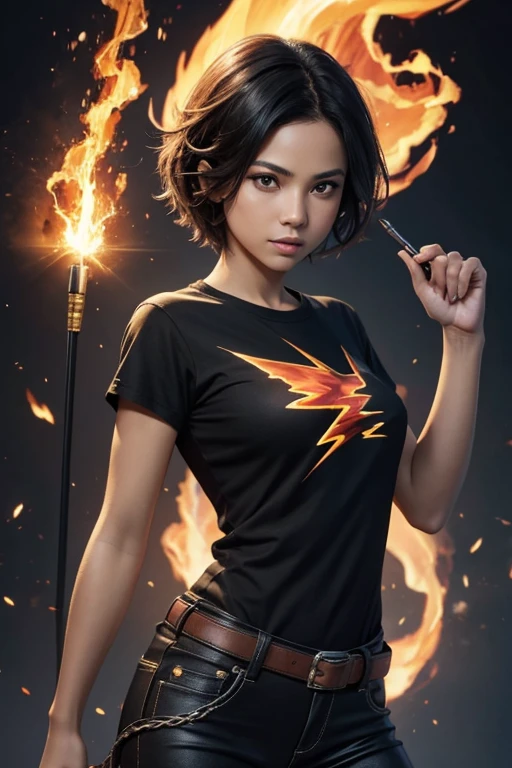 Boyish, sloppy appearance: mulatto woman with short black tousled hair,  magic wand shoots lightning ! on the other side there is a fireball, black T-shirt, flame, elegant, Digital painting, a piece of fantasy art of the highest quality. 