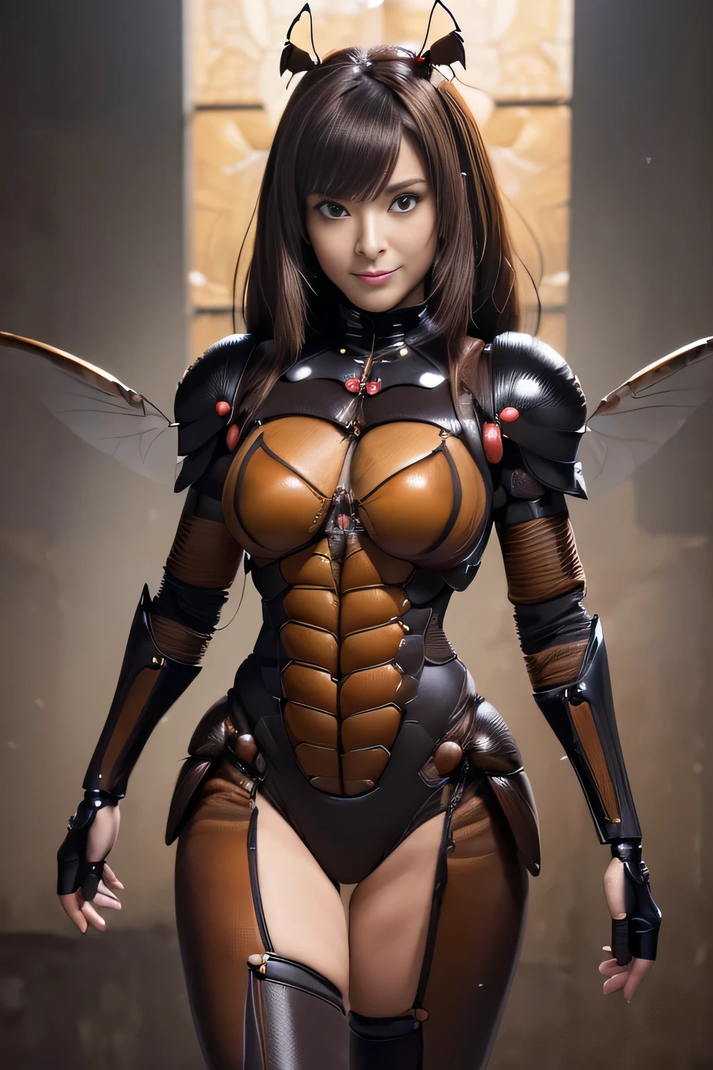(High resolution,masterpiece,highest quality,Very detailed CG, anime, official art:1.4), realistic, photograph, amazing detail, all complicated, luster and luster,great many layers, 8k wallpaper, 3D, sketch, cute, figure,( alone:1.4), perfect female proportions,villain's daughter, (Fusion of dark brown cockroach and lady:1.4), (brown cockroach form lady:1.2), (brown cockroach woman:1.2), (Fusion:1.2), (alone:1.4), (evil smile:1.2), muscular, abs, (Cockroach brown exoskeleton bio insect suit:1.4), (Cockroach brown exoskeleton bio insect armor:1.2), (brown transparent cockroach feathers:1.4), (brown cockroach antenna:1.3),