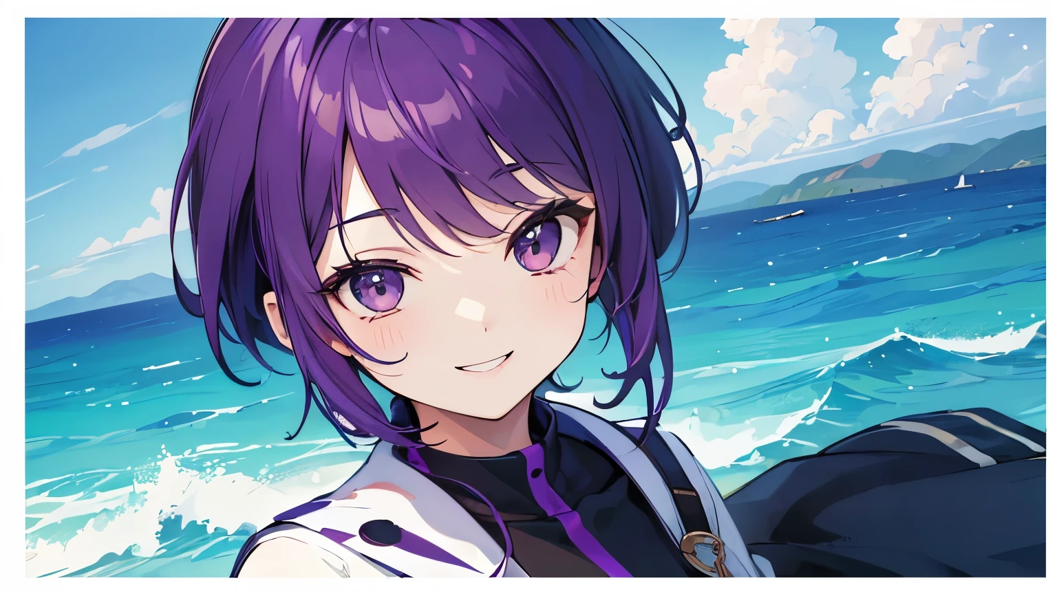 (T Masterpiece，4k wallpaper，best quality))、((girl１people))、(solo)、Brilliant，(purple hair)、(shortcut:1.3)、smile、uniform、Ocean、battleship