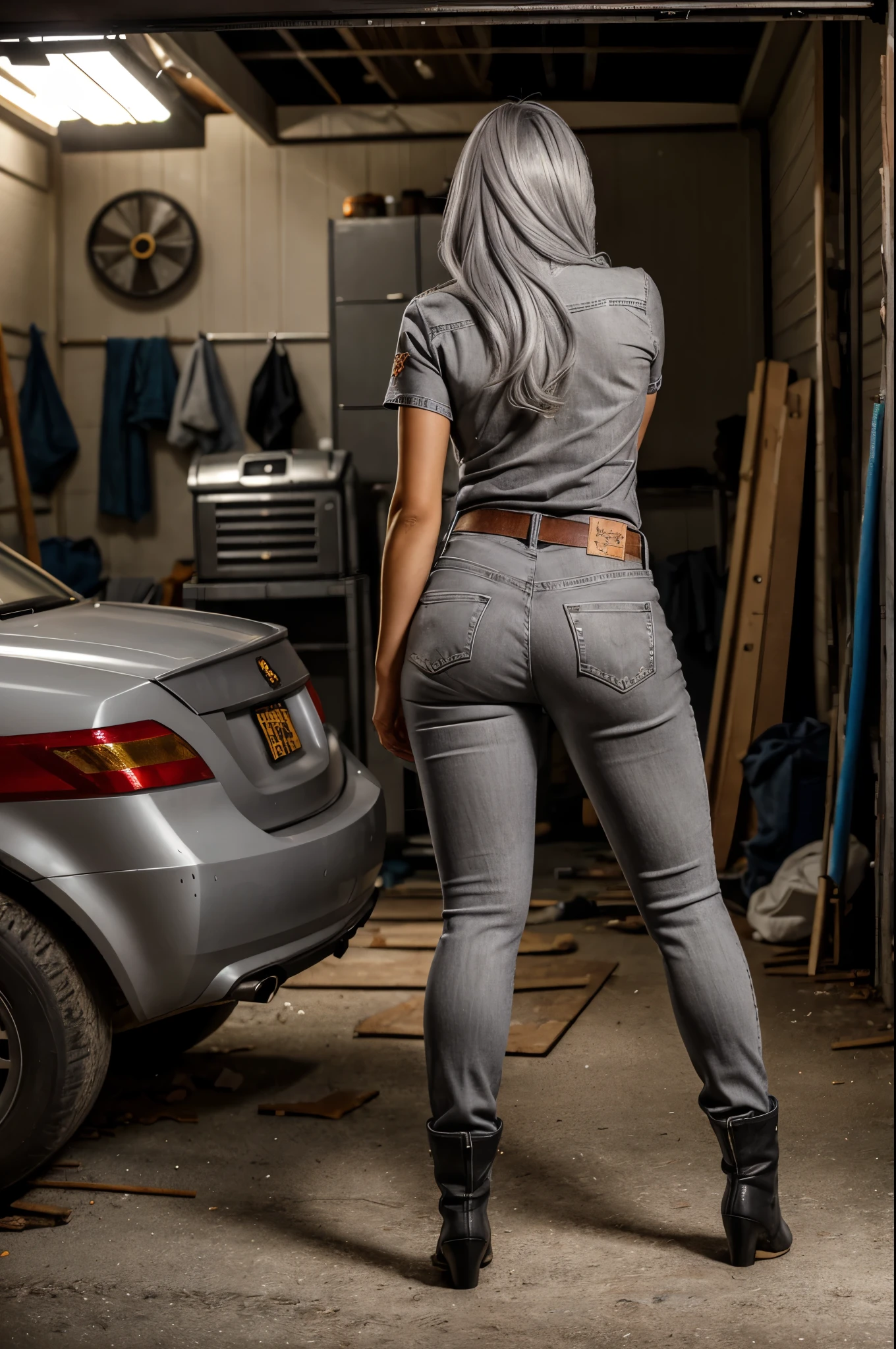 ((Full body woman inside a messy garage wearing tight worn jeans)),photo,(masterpiece:1.3),(best quality,ultra detailed,intricate),professional photography,professional lighting,HDR,High Dynamic Range,(((photo realistic,ultra realistic,photorealistic))),beautiful and aesthetic,looking to the viewer,looking gorgeous,photo of beautiful 40 yo mixed-race woman, high quality, dramatic, cinematic, (grey hair:1.2)), (scar, bandage:0.5), break, full-length angle from behind, jeans with leather belt, floral shirt, dark boots, she's working, the family dog peaks in, the pantry is full, homey and comforting