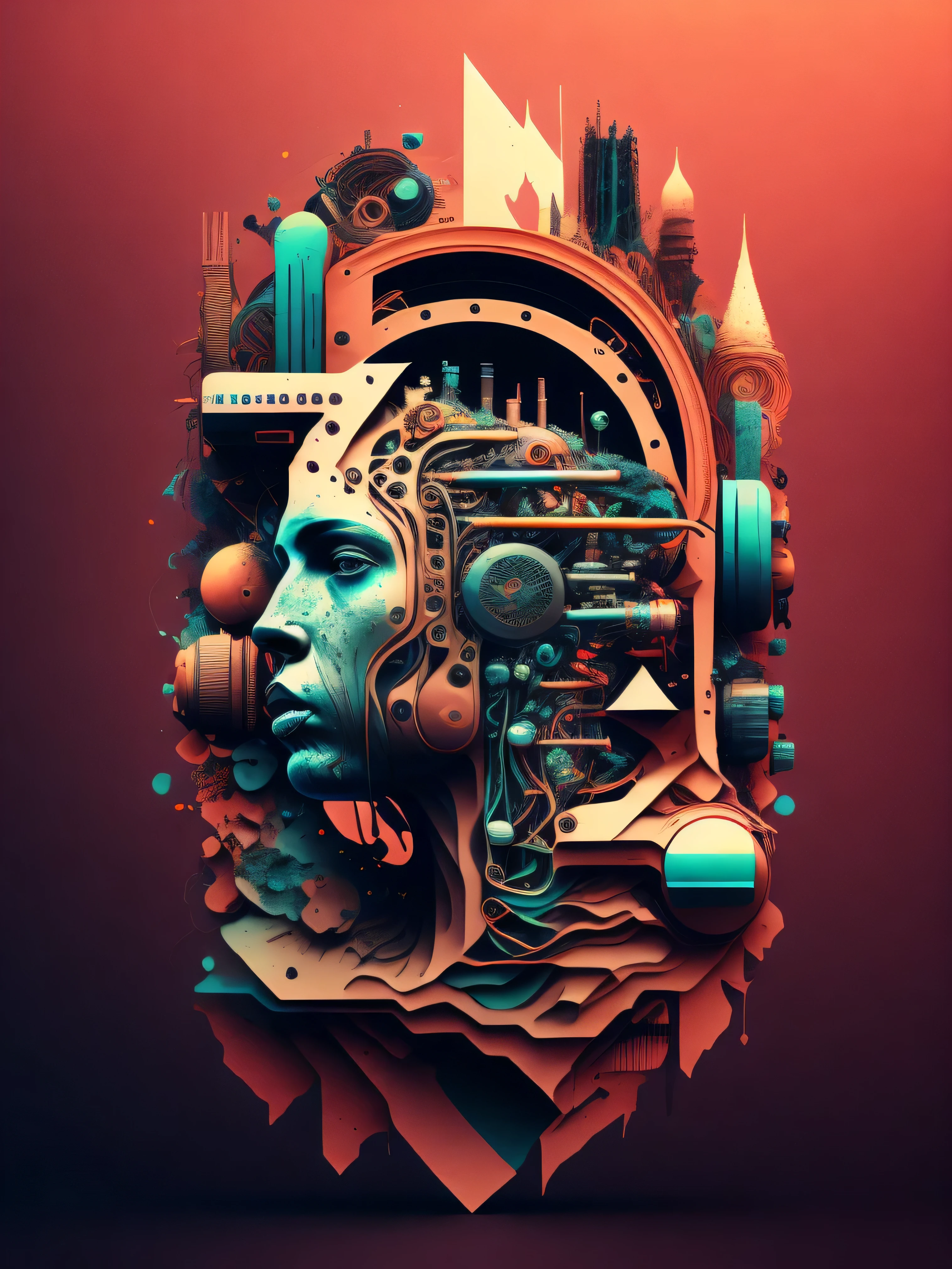 Uma imagem estilizada de uma pessoa'head with many equipment.
