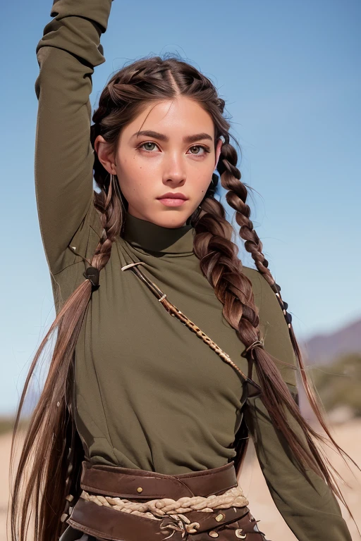 (Obra maestra, La mejor calidad) (young warrior woman of nordic descent), (ojos verdes), (Muscular), (falda de piel), (brown hair color),(loose hair with small braids on the scalp), (top con correa de cuero) plumas, capa sobre el hombro, bufas, (azul, gray and brown suit).