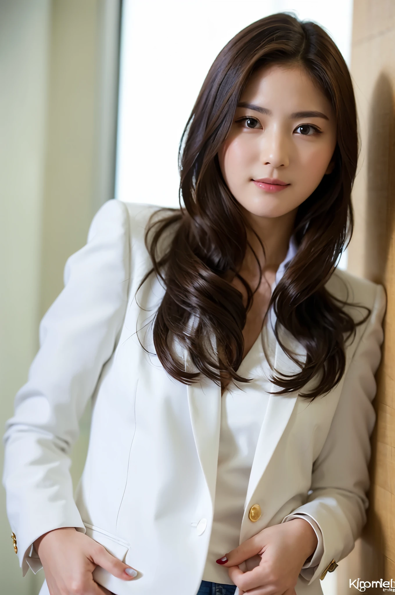 Photo of a woman wearing a white blazer, hands on hips, focus only, Posing for photos, (Detailed face), simply white background 