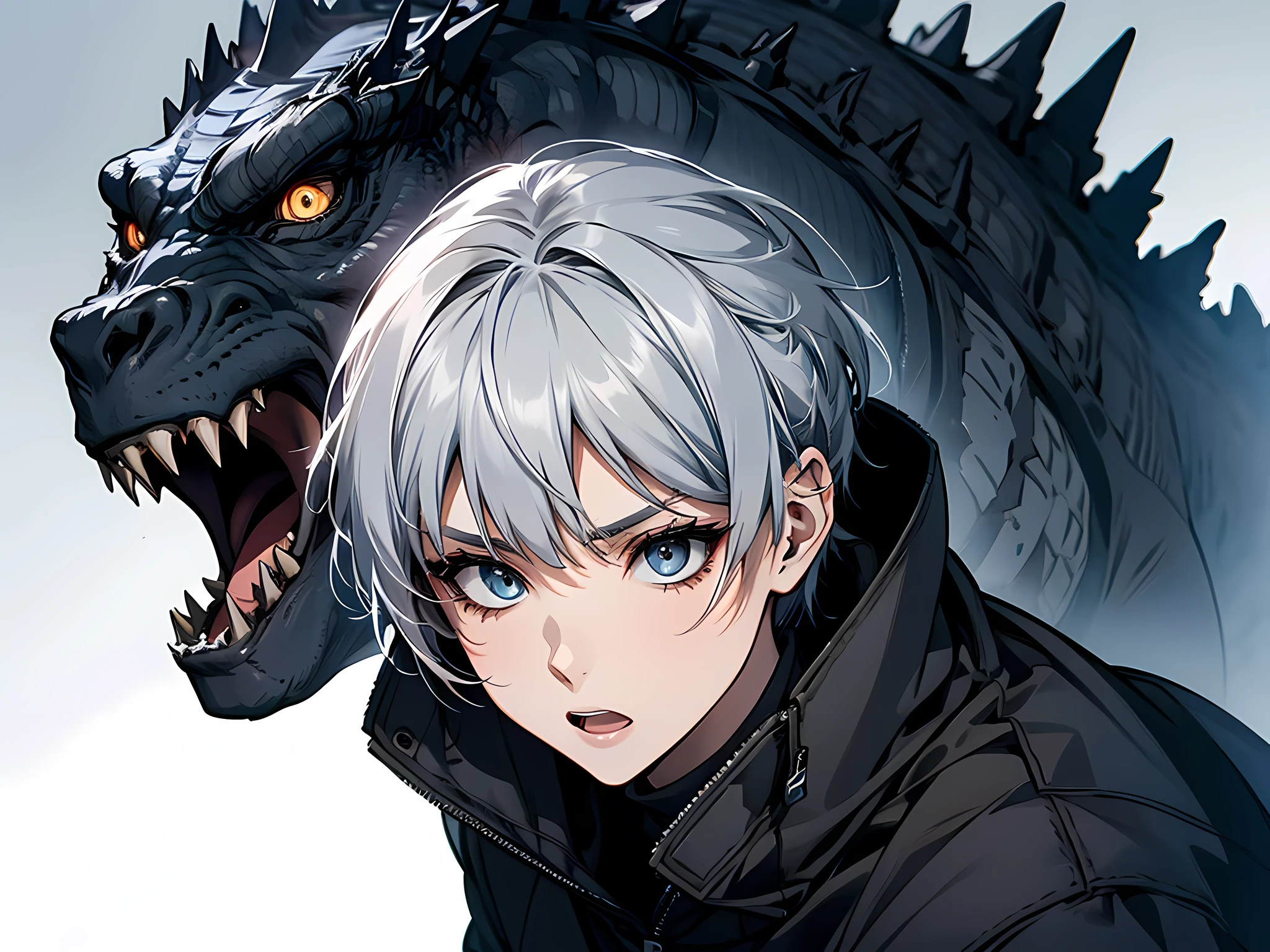 godzilla monster wearing black jacket, silver hair, short hair, shocked facial expression, face to detail, detailed eyes