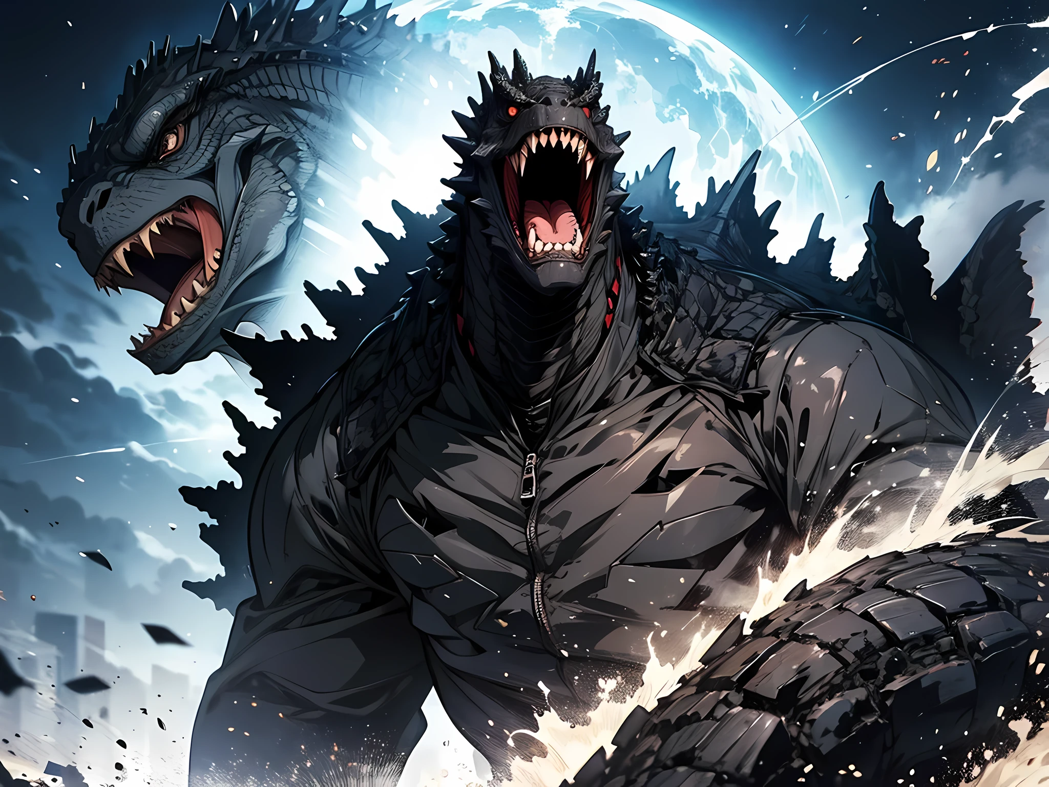 (Gore), Godzilla, defeat, Dying lying on back, stomach cut, Blood gushes out, (Screaming with a pained expression), Wounds all over the body, Face also injured, Blood dripping from the wounds, Vomiting a large amount of blood.