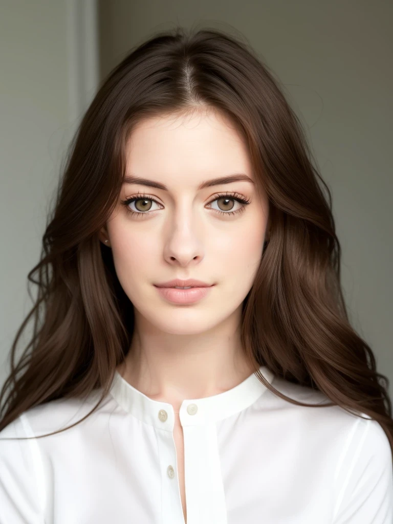 arafed woman with long brown hair and a white blouse, anne hathaway, attractive female face!!!, most beautiful woman on earth, natural soft pale skin, porcelain skin ”, flawless face, with very thin lips, beautiful fine - face, clean beautiful face, perfect facial features, brown hair and large eyes, clean perfect symmetrical face, beautiful face!!!! 